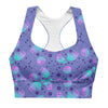 Front view of the Cosmic Cats Slate Blue High Impact Sports Bra. Featuring a playful galaxy cat design, double-layered front, and a snug fit for ultimate workout performance.