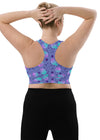 Large-size back view of the Cosmic Cats Slate Blue High Impact Sports Bra. Designed with high-support compression fabric and a racerback fit for high-impact sports and workouts.