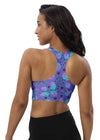 Back view of the Cosmic Cats Slate Blue High Impact Sports Bra. Racerback cut for flexibility, adjustable straps, and strong support for running, yoga, and weightlifting.