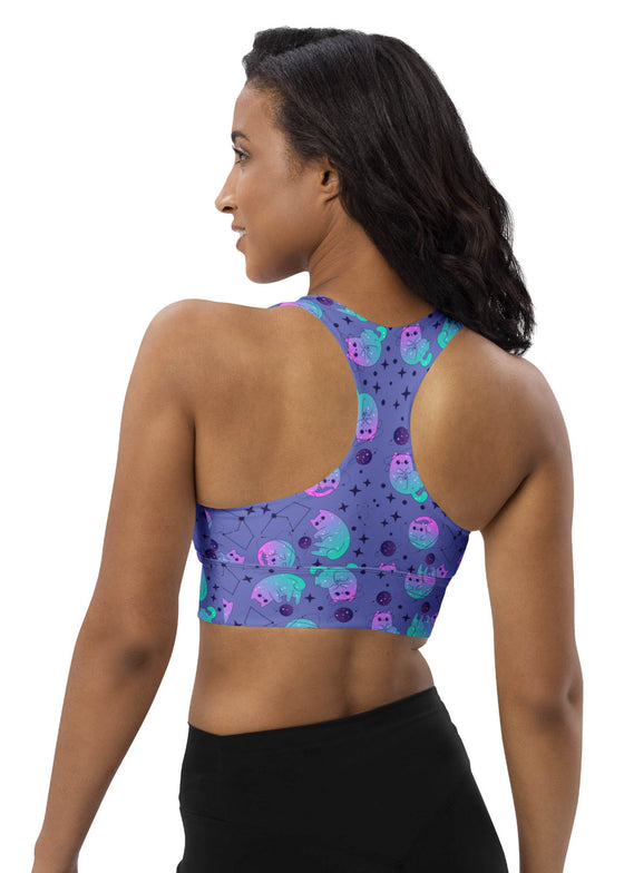 Back view of the Cosmic Cats Slate Blue High Impact Sports Bra. Racerback cut for flexibility, adjustable straps, and strong support for running, yoga, and weightlifting.