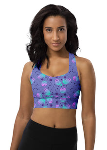  Woman wearing the Cosmic Cats Slate Blue High Impact Sports Bra. Featuring a galaxy cat print, racerback design, and high-support compression for gym workouts and training.