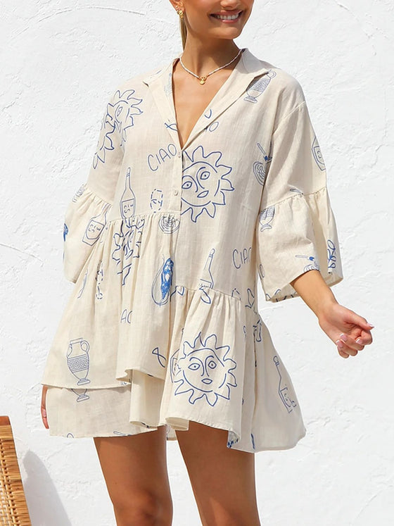 Front view of the Cream Button Detail Printed Mini Dress featuring its elegant button detailing and floral print.