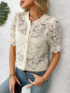 Elegant front view of cream lace shirt featuring half sleeves, button-down style, and intricate floral lace detailing.