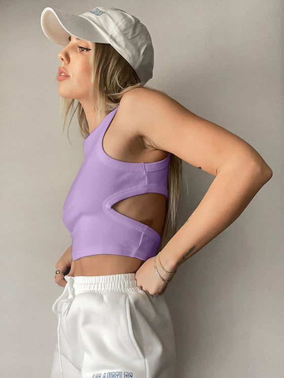 Model styled in the Cutout Round Neck Tank with joggers for a chic athleisure look.