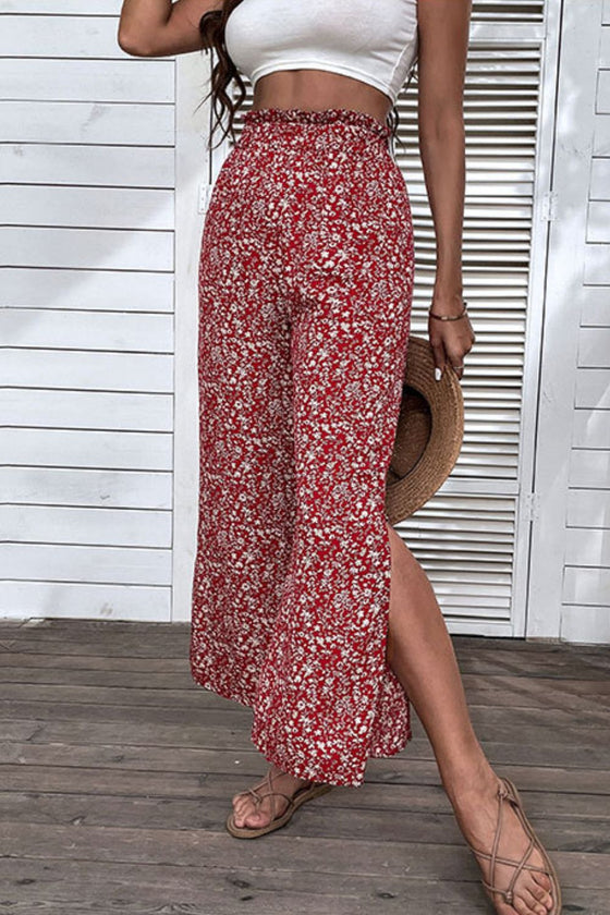 Front view of ditsy floral slit paperbag waist wide-leg pants.