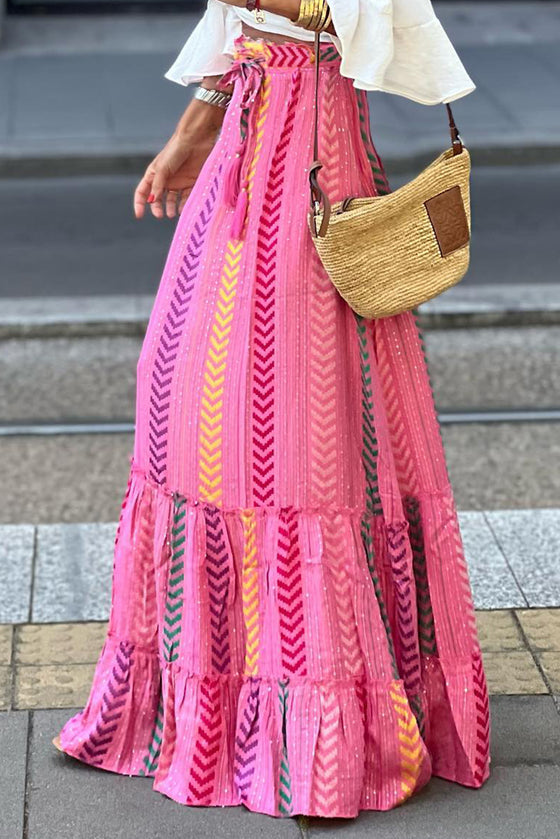 Close-up of the bold geometric print on the Drawstring Geometric High Waist Skirt, highlighting its vibrant details.