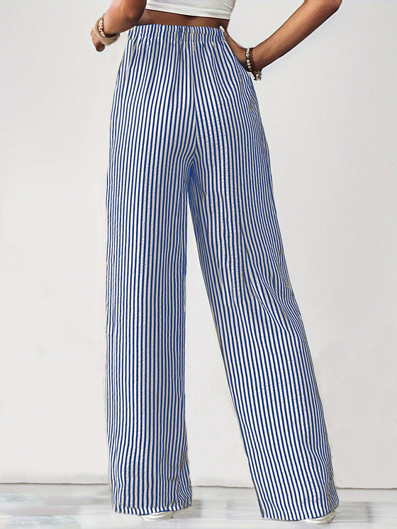 Back view of Drawstring Striped Elastic Waist Pants, featuring vertical stripes and a relaxed wide-leg design.