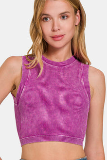  Zenana Washed Ribbed Seamless Crop Tank with Bra Pad