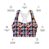 Floral Print Black Medium Support Racerback Sports Bra with details of its medium support, floral print design, double-layered front and shoulder straps, and perfect for medium-impact activities like yoga or casual wear.