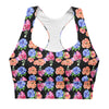 Front view of Floral Print Black Medium Support Racerback Sports Bra. Stunning floral print on sleek black fabric, offering medium support for yoga, workouts, or casual outings. Designed for comfort and flexibility.