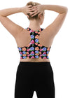 Back view of Floral Print Black Medium Support Racerback Sports Bra in large size. Provides comfort, freedom of movement, and medium support for medium-impact activities, perfect for yoga, gym, and daily wear.
