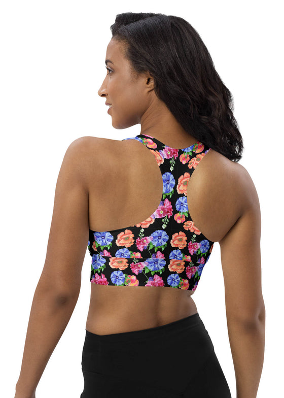 Back view of Floral Print Black Medium Support Racerback Sports Bra. Racerback design enhances mobility while providing medium support, perfect for workouts, stretching, or casual wear with a chic floral print.