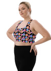  Side view of Floral Print Black Medium Support Racerback Sports Bra in large size. Perfect combination of medium support and flexibility, designed for comfort during yoga, workouts, or casual wear. Racerback for full range of motion.
