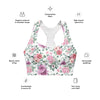 Floral Print White High Impact Sports Bra with text highlighting its floral design, high support, breathable mesh lining, adjustable straps, and removable padding for a custom fit, perfect for intense workouts and activewear.