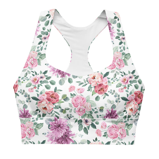 Front view of Floral Print White High Impact Sports Bra with vibrant floral pattern. Offers snug compression fit and maximum support for workouts, with breathable mesh fabric and removable padding for comfort and flexibility.