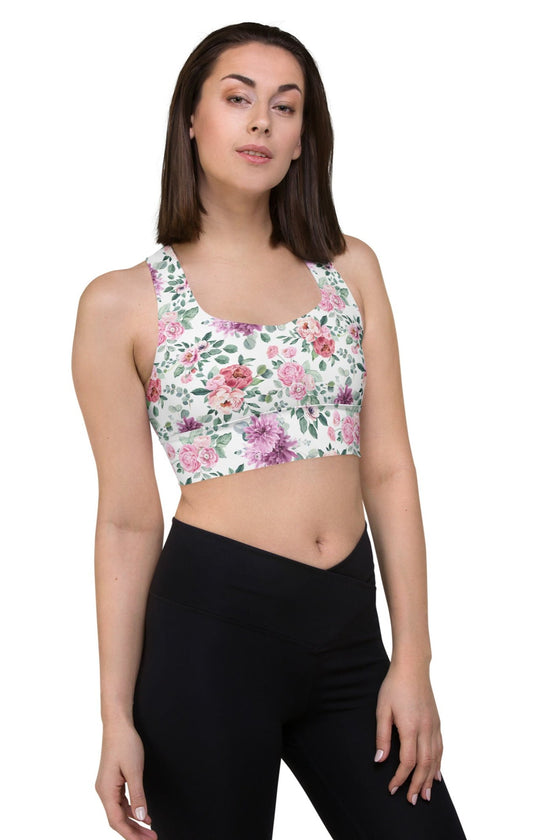 Front view of Floral Print White High Impact Sports Bra. Offering maximum support with compression fabric, adjustable shoulder straps, and a stylish floral print, perfect for high-intensity workouts or casual wear.