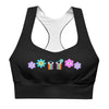 Front view of the Floral Rainbow Print Black High Impact Sports Bra. Bold floral rainbow print in purple, pink, and blue, designed for high-impact support, perfect for gym workouts or high-energy activities.