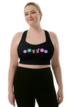 Front view of the Floral Rainbow Print Black High Impact Sports Bra in large size. High-impact design with racerback for flexibility and comfort, providing maximum support during intense workouts or casual wear.