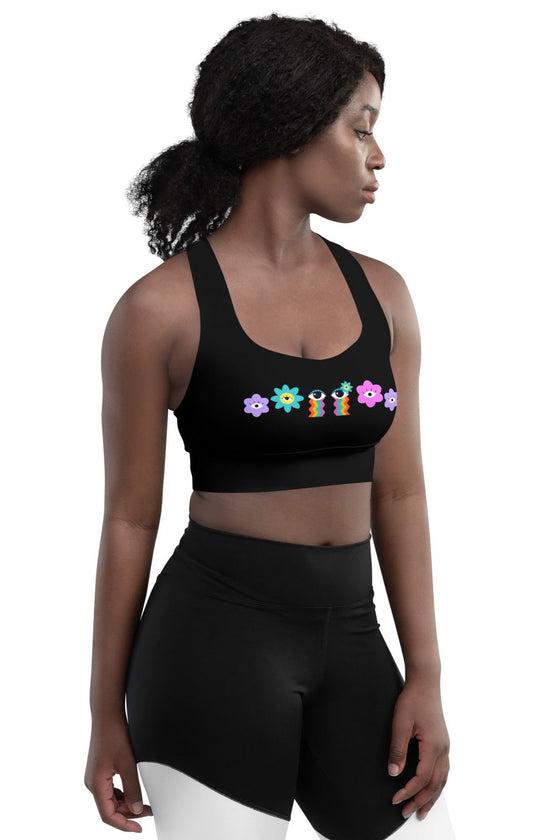 Side view of the Floral Rainbow Print Black High Impact Sports Bra. Features high-impact support and a stylish rainbow floral design, perfect for intense gym workouts and high-impact activities.
