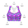 Close-up of the Floral Rainbow Print Pink Racerback Longline Sports Bra front, showcasing its vibrant floral patterns and rainbow hues. Designed for high-impact support, comfort, and a stylish fit perfect for all-day wear.