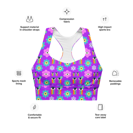 Close-up of the Floral Rainbow Print Pink Racerback Longline Sports Bra front, showcasing its vibrant floral patterns and rainbow hues. Designed for high-impact support, comfort, and a stylish fit perfect for all-day wear.