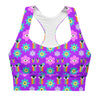 Front view of the Floral Rainbow Print Pink Racerback Longline Sports Bra. Bold, floral rainbow print in pink, purple, and blue hues. Offers excellent support and longline cut for added coverage, perfect for high-impact workouts.