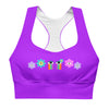 Front view of the Floral Rainbow Print Purple Racerback Longline Sports Bra. Vibrant rainbow print with purple hues offering high support, perfect for active wear or adding a fun touch to any outfit.
