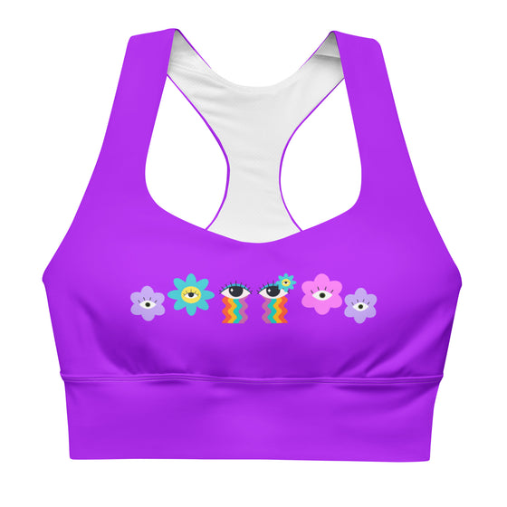 Front view of the Floral Rainbow Print Purple Racerback Longline Sports Bra. Vibrant rainbow print with purple hues offering high support, perfect for active wear or adding a fun touch to any outfit.
