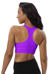 Back view of the Floral Rainbow Print Purple Racerback Longline Sports Bra. Racerback design for enhanced mobility and comfort, perfect for high-impact activities and stylish activewear.