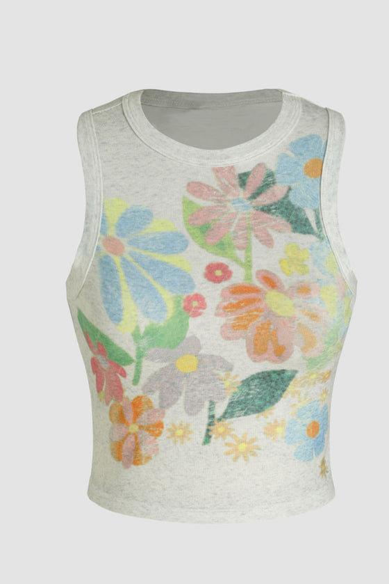 Front view of the Flower Round Neck Tank with a colorful floral print and a classic round neckline.