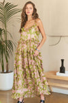 A modern front view of the Flowy Mauve Sage Floral Cami Dress, highlighting its relaxed fit, romantic floral pattern, and soft pastel tones.