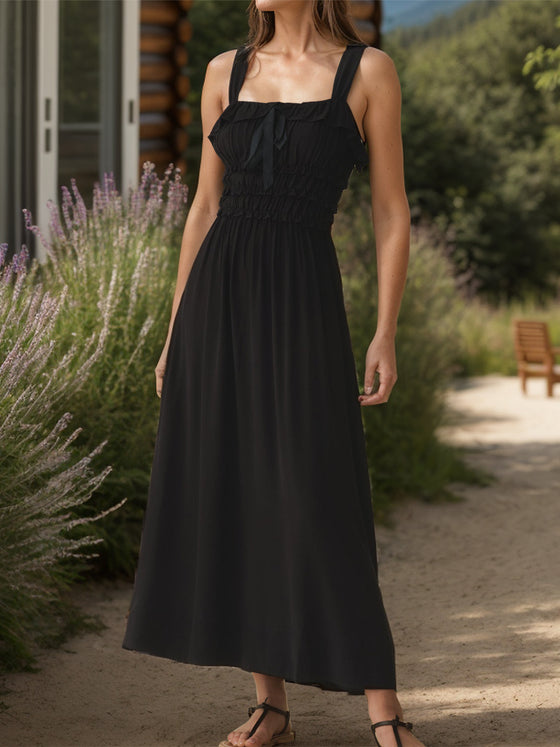 Side view of the Frill Square Neck Wide Strap Dress, highlighting its flowy silhouette and delicate frill neckline.