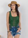 Front view of the Fringe Lace-Up Wide Strap Tank featuring bold lace-up detailing and fringe accents in vibrant green.