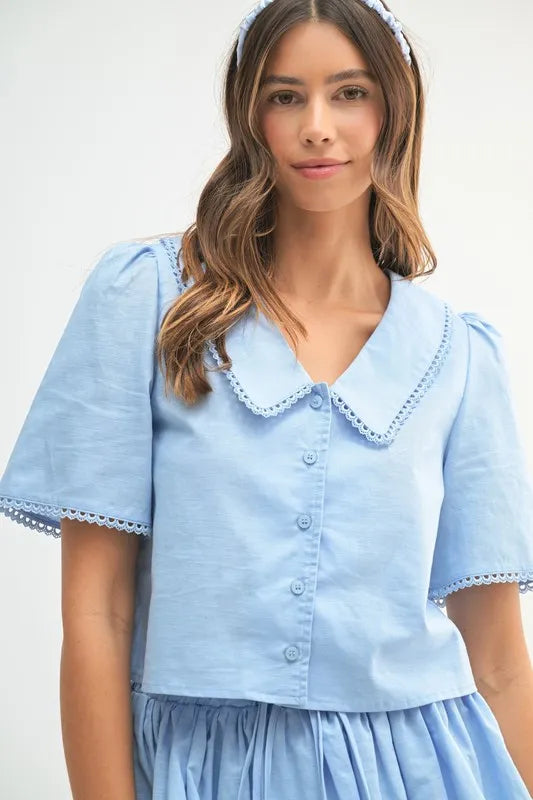  Full body front image showcasing the complete sky blue crop outfit worn with confidence and modern style.