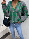 Front view of the Geometric Dropped Shoulder Button Down Cardigan in pink and green.