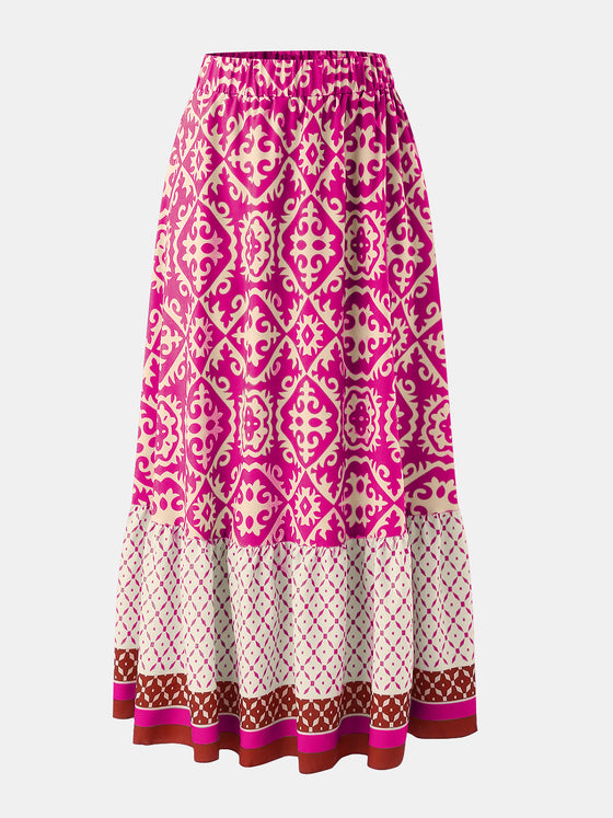 Front view of the Geometric Elastic Waist Maxi Skirt featuring a bold print and comfortable fit.