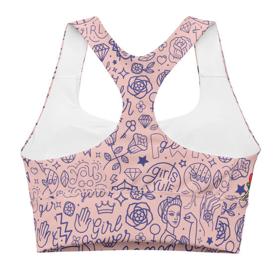 Back view of the Girl Power Print Pink Racerback Sports Bra. Racerback design ensures freedom of movement, while compression fabric provides maximum support for intense gym workouts.