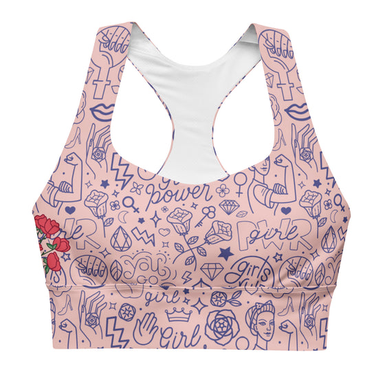 Front view of the Girl Power Print Pink Racerback Sports Bra. Featuring a fun pink "Girl Power" print, removable padding, and high-impact support for maximum comfort and performance.