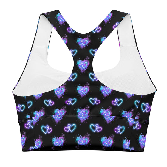 Back view of the Glowing Hearts Black Racerback Sports Bra. Racerback design enhances mobility, offering superior comfort and support during high-impact sports or casual use.
