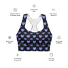 Glowing Hearts Black Racerback Sports Bra with text details. Featuring glowing heart patterns and compression fabric for high-impact support, this stylish sports bra is perfect for workouts and casual wear.