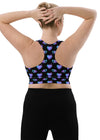 Back view of the Glowing Hearts Black Racerback Sports Bra in large size. Features a supportive racerback design, perfect for high-impact workouts and casual wear with a glowing floral heart pattern.