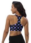 Back view of the Glowing Hearts Black Racerback Sports Bra. Racerback design for ultimate mobility and comfort during high-energy activities, with glowing heart patterns adding a stylish edge.
