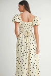 Back profile of cream polka dot midi dress featuring puff sleeves and a fluid hemline ideal for day-to-night looks.