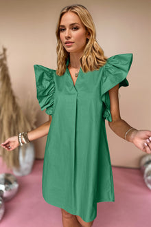  Front-facing image of the green V-neck mini dress with delicate ruffled cap sleeves, a tailored fit, and playful elegance suited for day-to-night style transitions.