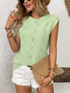 Model stands front-facing to display the smooth round neckline and structured yet airy silhouette in crisp green.

