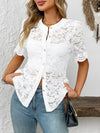 Stylish white lace half sleeve shirt in front street-style pose, ideal for day-to-night transitions.