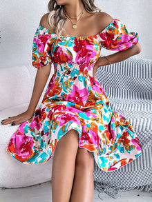  Hot pink floral midi dress with ruffled hem, a flattering flowy fit, and blooming print—perfect for summer brunch or casual outings.
