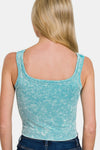 Back view of the ice blue scoop neck wide strap tank, highlighting its simple yet stylish design.

