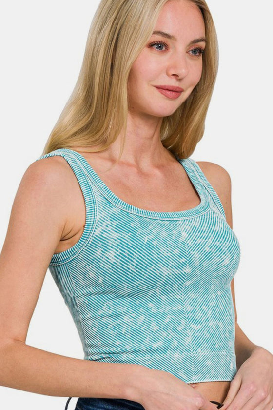  Front view of the ice blue scoop neck wide strap tank, showcasing its comfortable fit and minimalistic design.