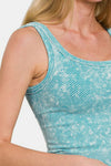 Side view of the ice blue scoop neck wide strap tank, emphasizing its flattering silhouette and relaxed fit.